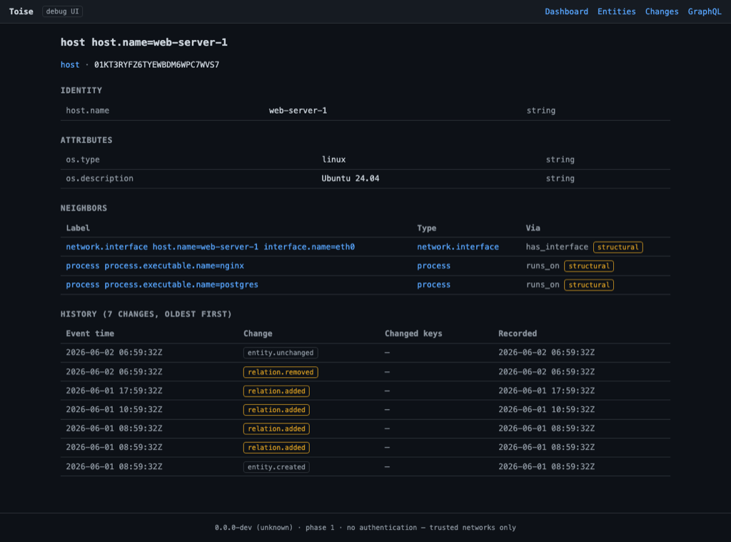 The Toise debug UI showing an entity, its attributes, and its relations.